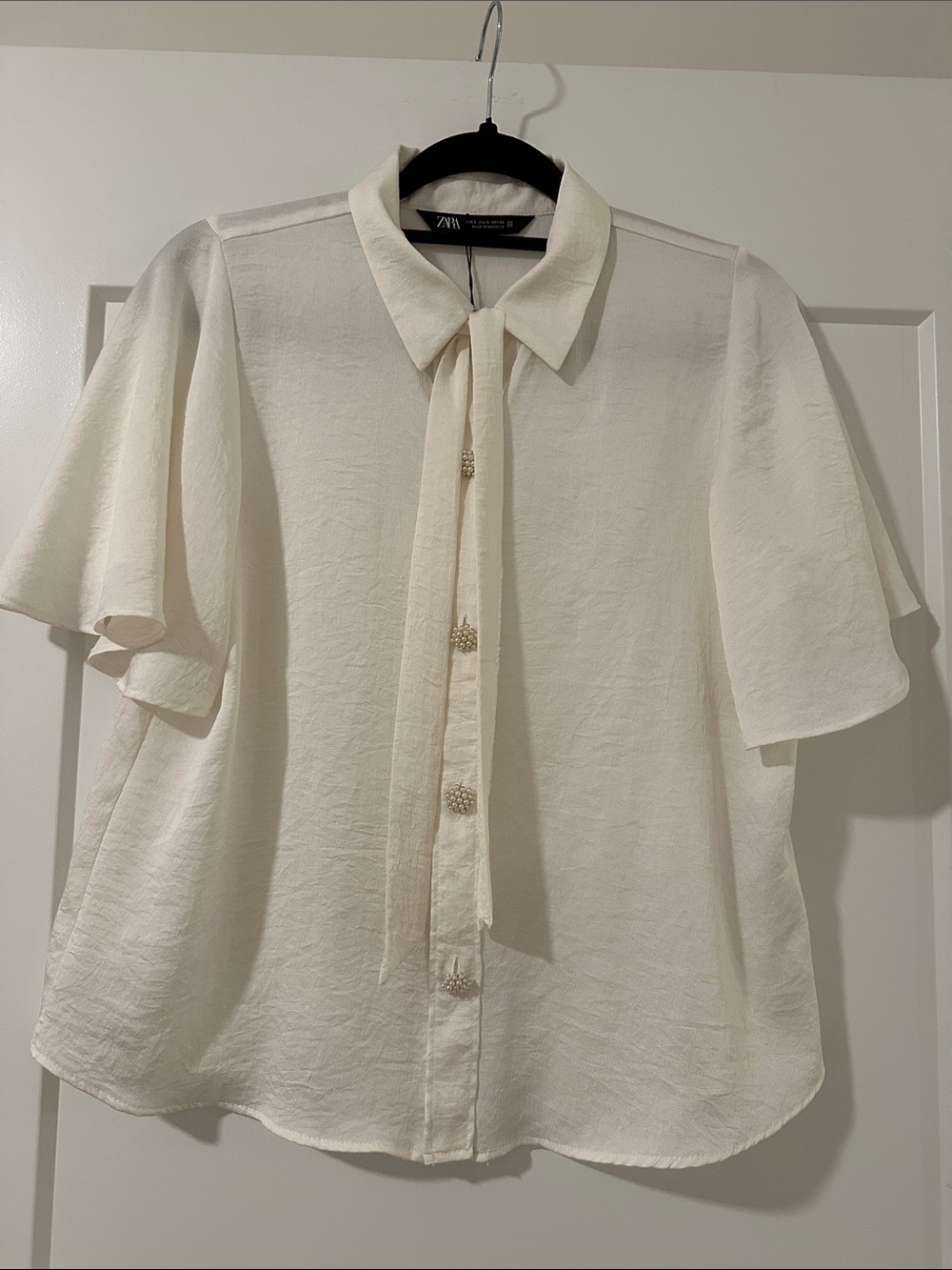 Zara Ivory Tie-Neck Short Sleeve Blouse